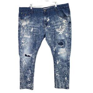 Mens Grindhouse Distressed Paint-Splatter Blue Denim Jeans Relaxed Fit 44x32